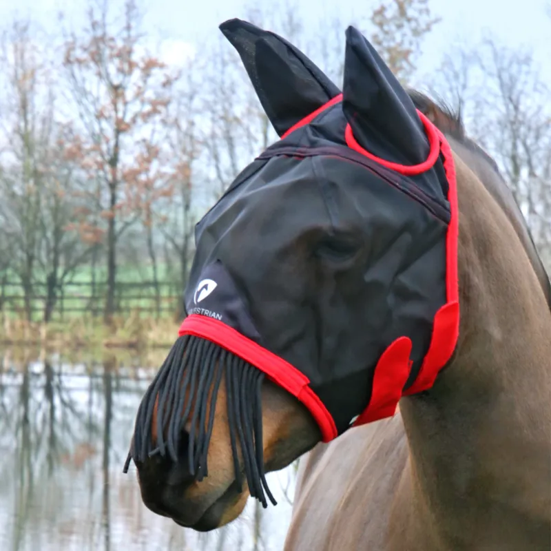 Hy Equestrian Mesh Half Mask With Ears and Fringe - Black/Red